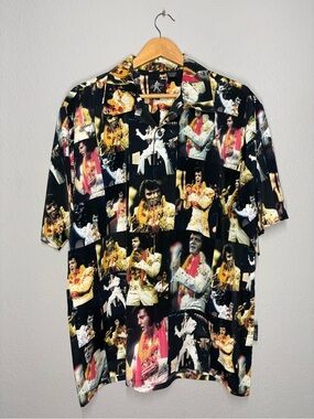 Vintage Elvis Presley Dragonfly Clothing All Over Print Button Up Shirt L Y2K